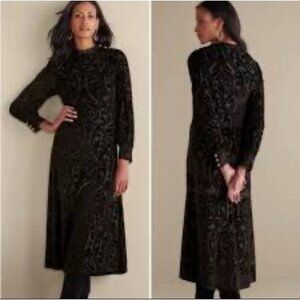 Soft Surroundings Hadley Velvet Burnout‎ Dress Midi Black Copper Long Sleeve 14